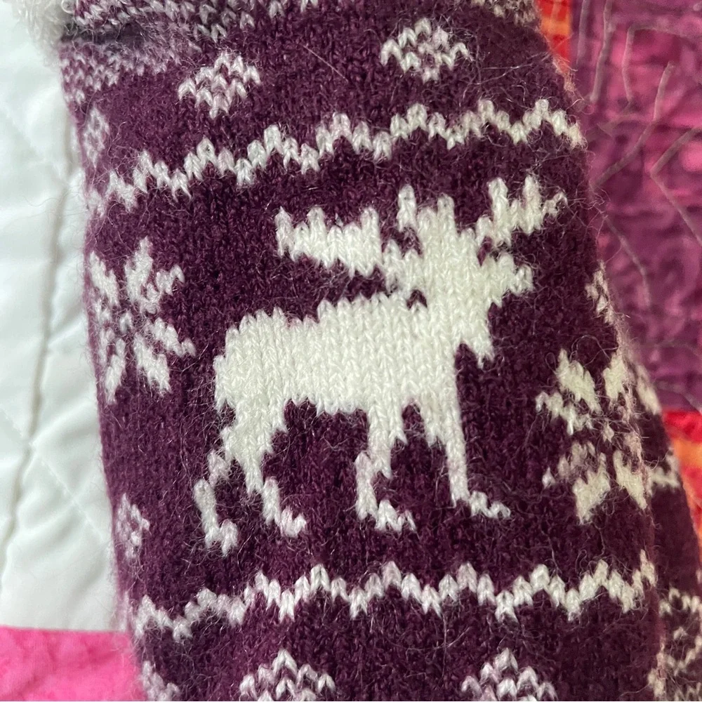 Fair Isle Fluffy Lined Cabin Socks Maroon Red White Deer Print Comfy Women's 6-8